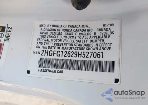 2009 Honda Civic Lx from USA, damaged, VIN 2HGFG12629H527061